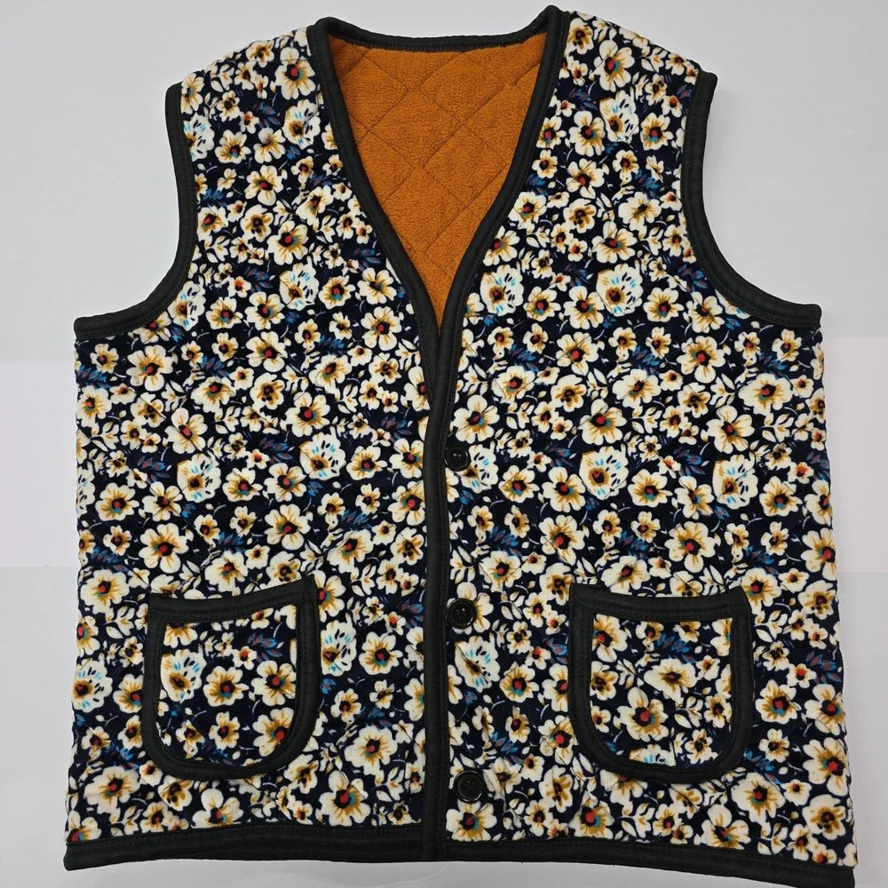 Vintage Velvet‎ Soft Quilted Floral Vest Quilted Pockets Buttons